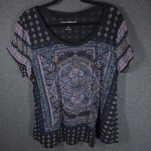 Lucky Brand Persian Carpet Print Top 1X Boho Cap Sleeve Scoop Neck Blue